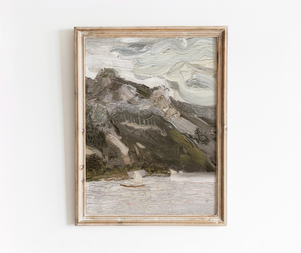 Textured Impasto Mountain Lake Sailboat Steep Cliffs Grey Sky Poster