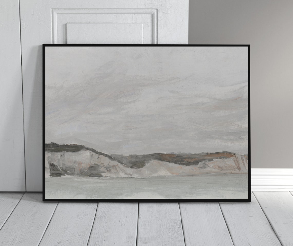 Grey Minimal Coastal Scene White Chalk Cliffs Calm Sea Horizon Poster - Image 4