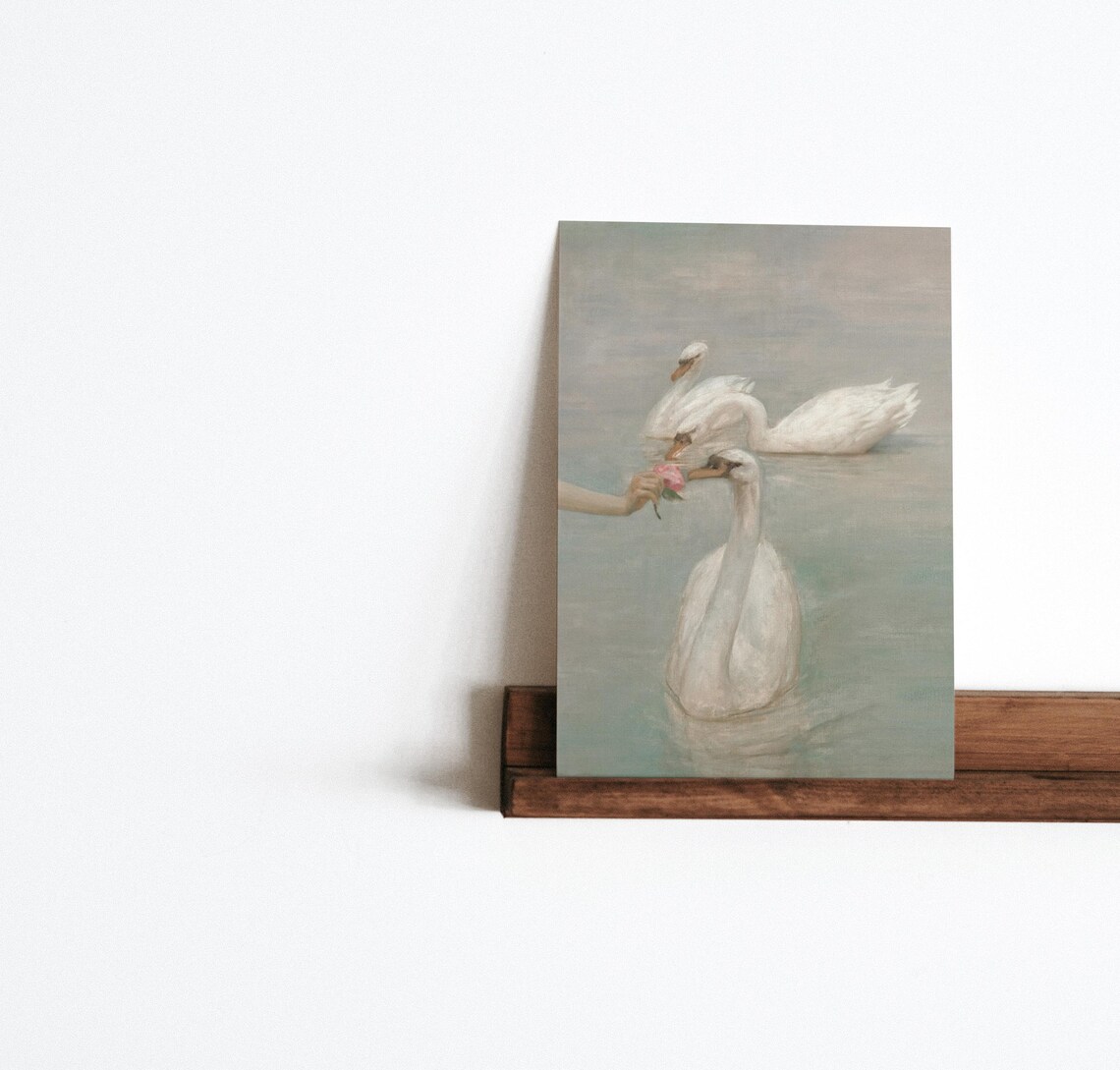 Swans Flowers Vintage Waterscape Art Print - Image 2