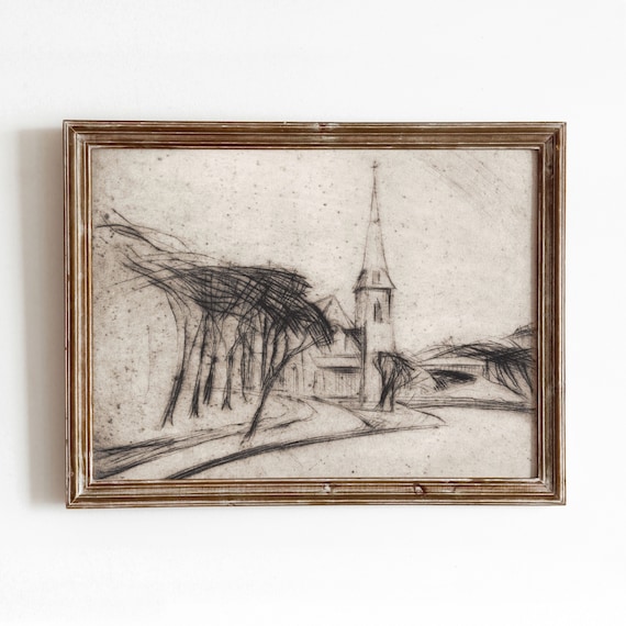 Church Etching Vintage Neutral Cityscape Art Print