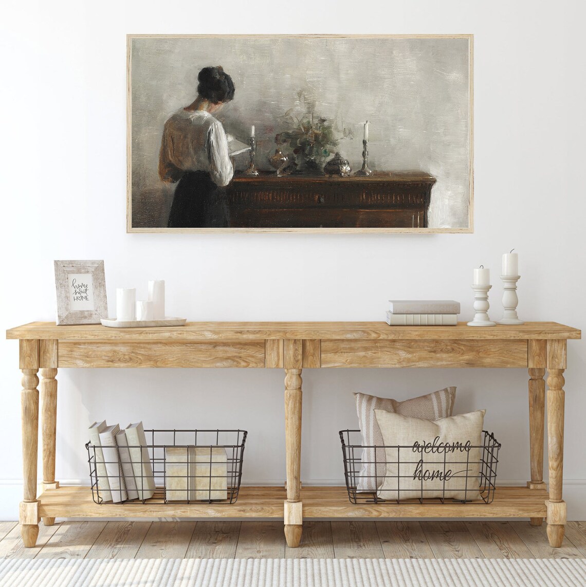 Vintage Woman Reading Letter At Wooden Dresser Candlelight Interior Poster - Image 3
