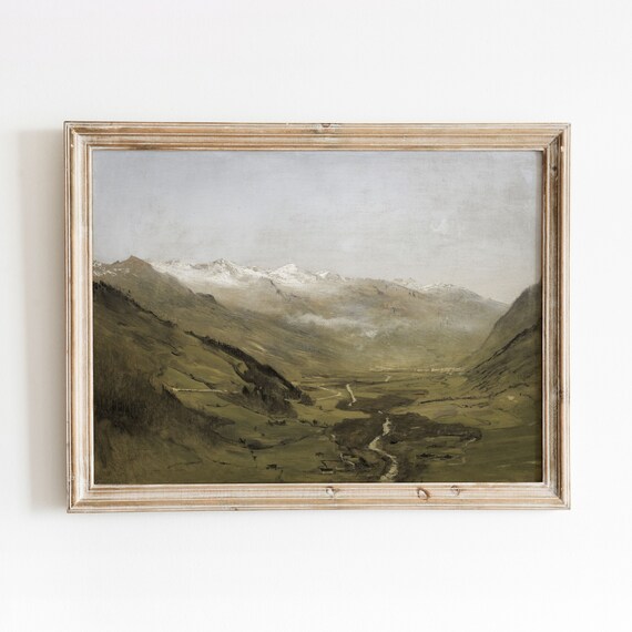 Green Valley Vintage Mountain Landscape Nature Oil Painting Green Decor Art 536