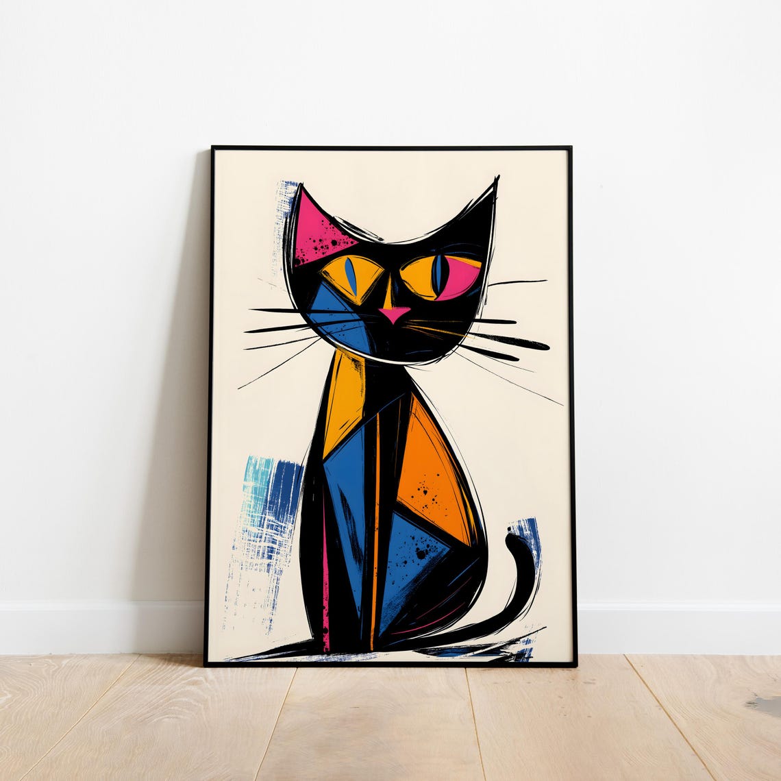 Mid Century Modern Colorful Abstract Cubist Cat Poster Art Decor