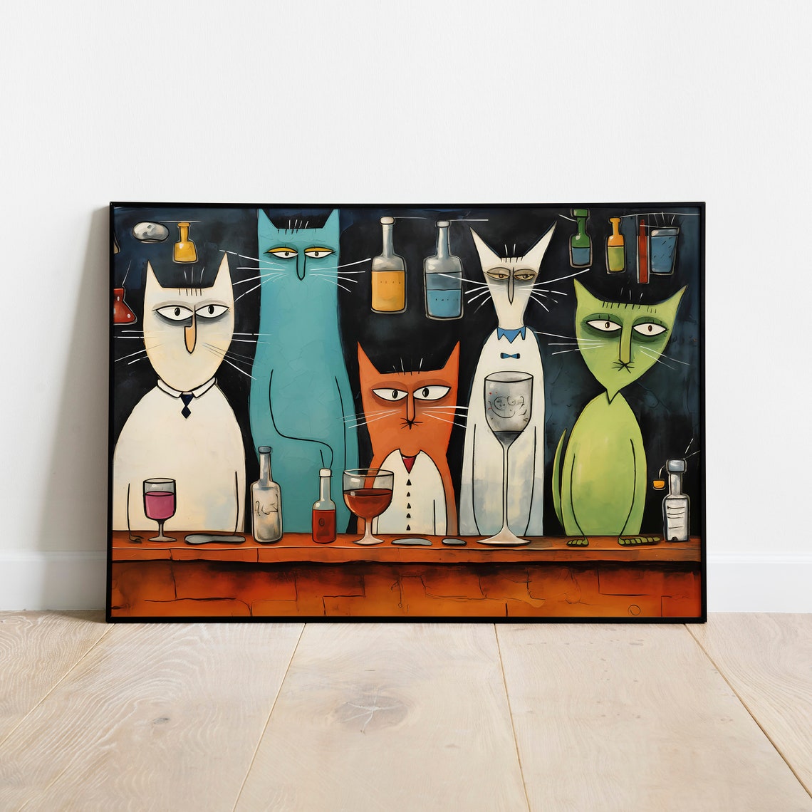 Stylized Cats Cocktail Bar Party Funny Whimsical Poster Art Decor