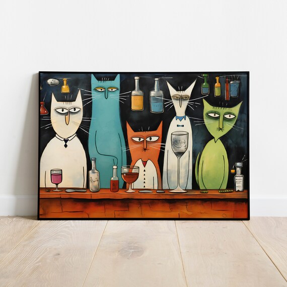 Stylized Cats Cocktail Bar Party Funny Whimsical Poster Art Decor