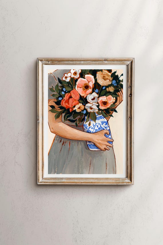 Holding Flowers Floral Bouquet Art Gardening Print Artwork Nursery Wall Newborn Baby