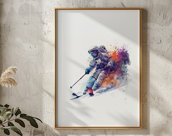 Astronaut Skiing In Watercolor With Cosmic Paint Splash Poster