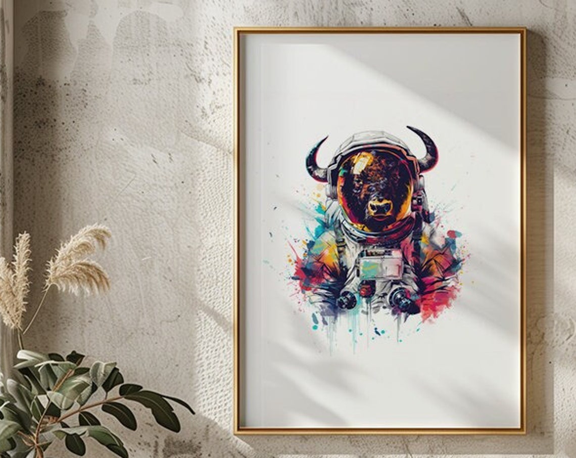 Buffalo Astronaut Watercolor Horned Helmet Animal Art Poster