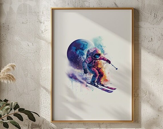 Astronaut Skiing Past A Planet In Watercolor Space Style Poster