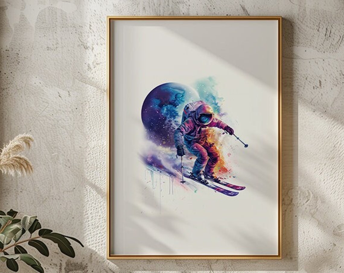 Astronaut Skiing Past A Planet In Watercolor Space Style Poster