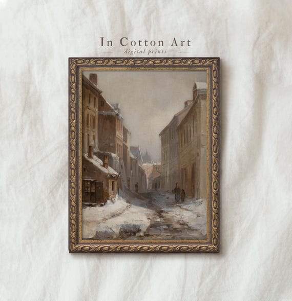 Winter Village Street Scene, Snowy Christmas Poster