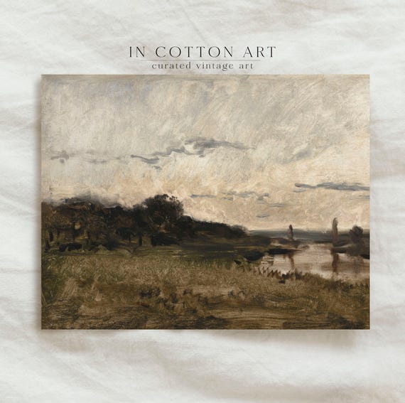 River Landscape Painting Vintage Moody Oil Painting Living Room Decor Tranquil Wall Art P234