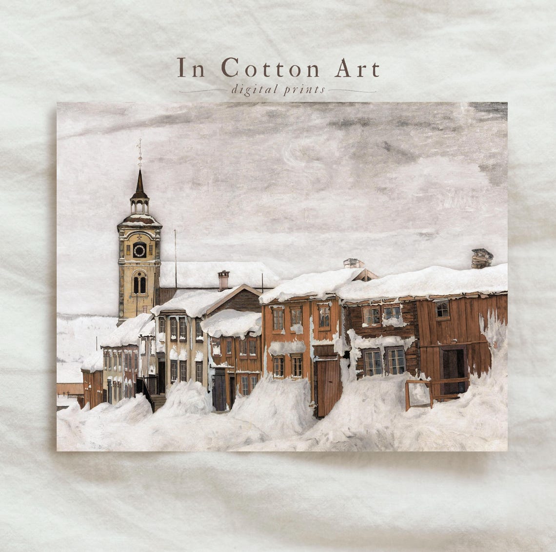 Snowbound Old Town Church Tower Deep Snow Winter Painting Print