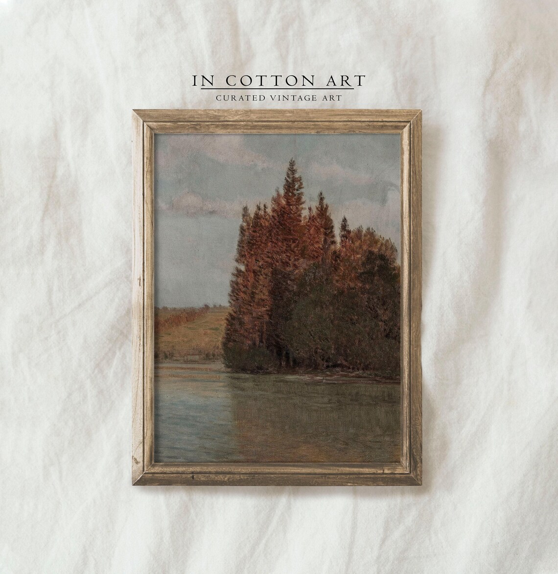 Autumn Lakeside Pines Calm Water Vintage Landscape Oil Painting - Image 3