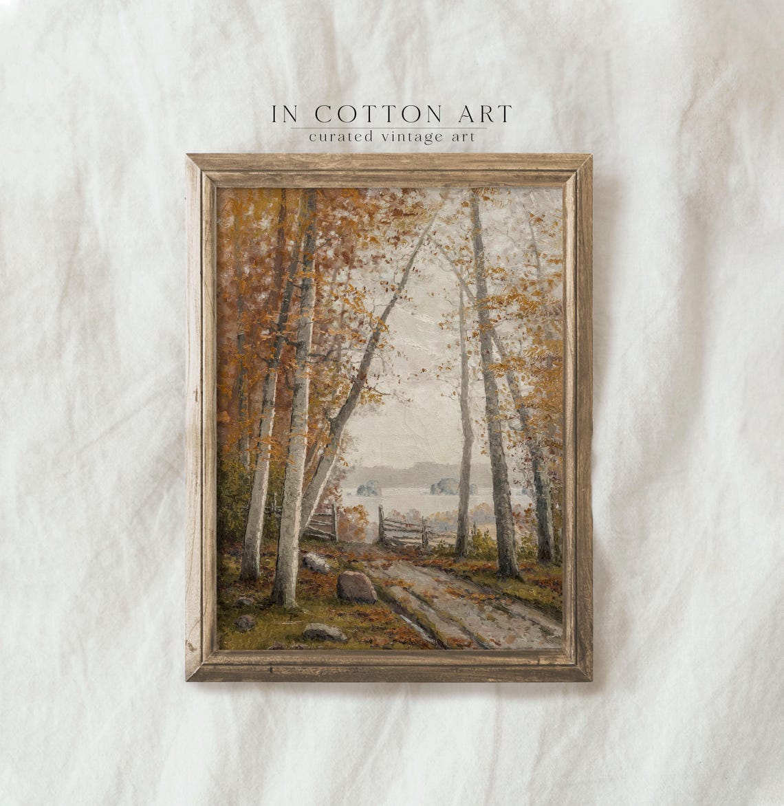 Autumn Birch Trees Woodland Path to Lake Framed Fall Painting