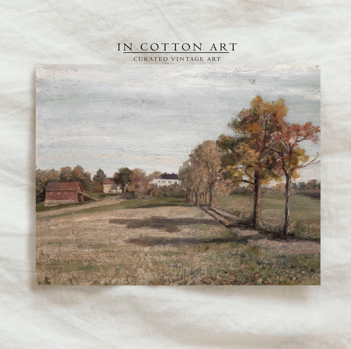 Autumn Farmstead Red Barn Tree Lined Lane Vintage Fall Painting