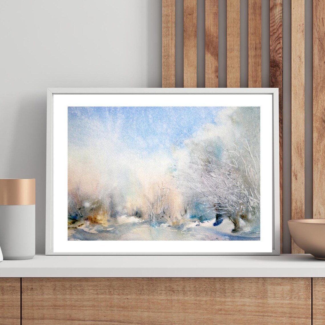 Abstract Watercolor Misty Winter Landscape Frosted Blue Poster