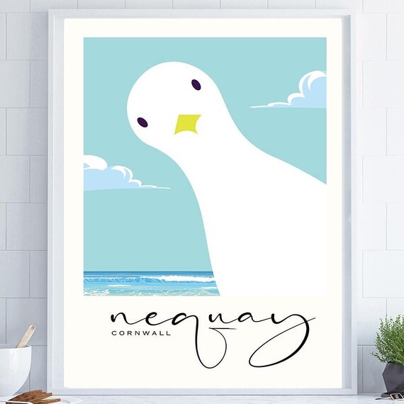 Newquay Cornwall Cute Funny Seagull Beach Coastal Travel Poster