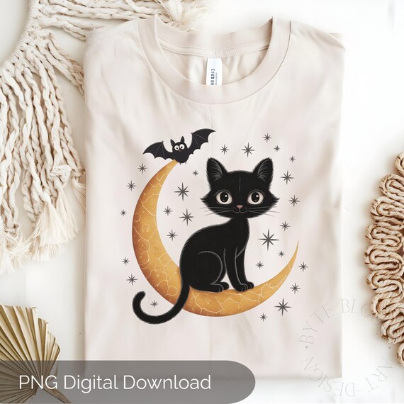 Halloween Black Cat Png Moon Stars And Bat Tshirt Design