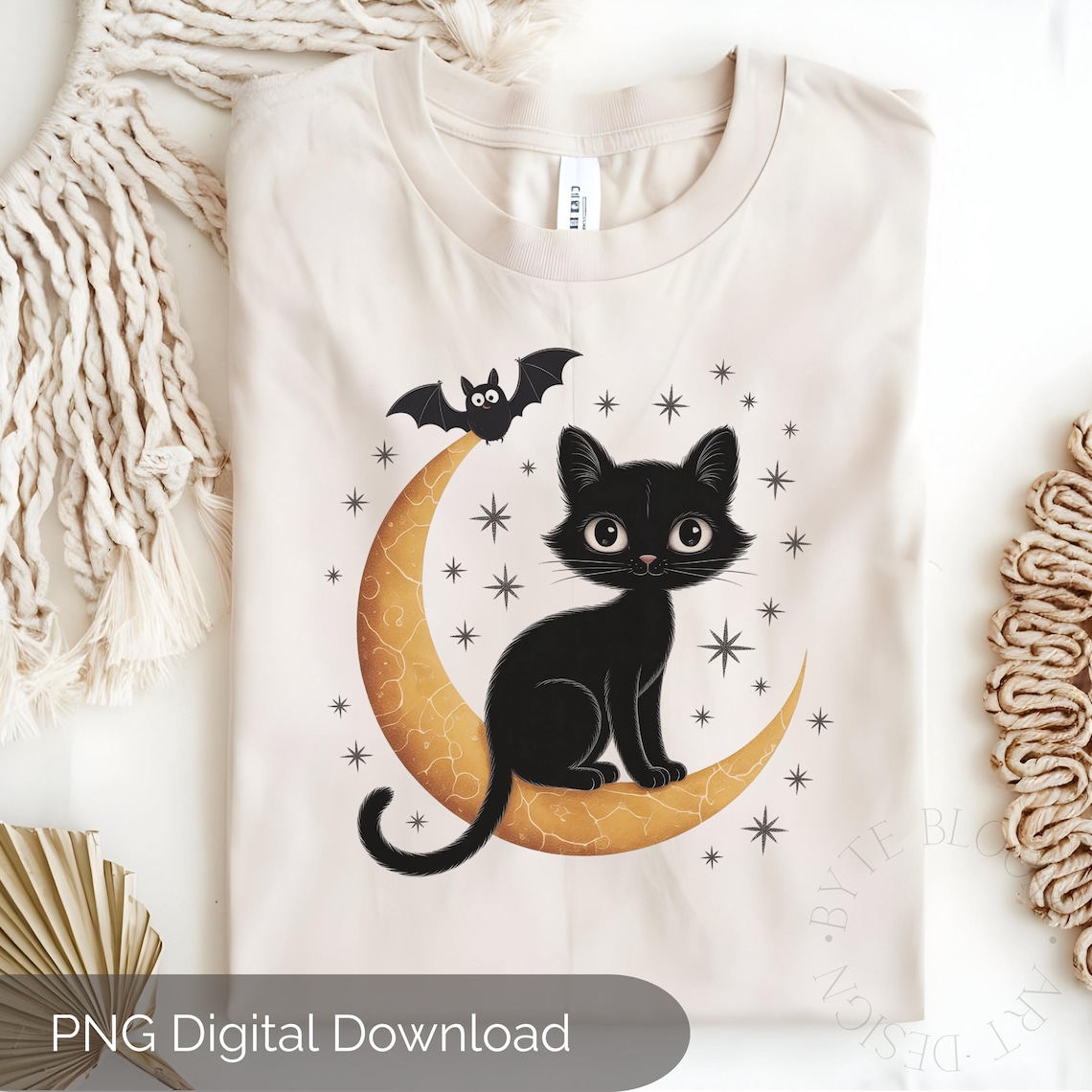 Halloween Black Cat On Golden Crescent Moon With Bat Art Print