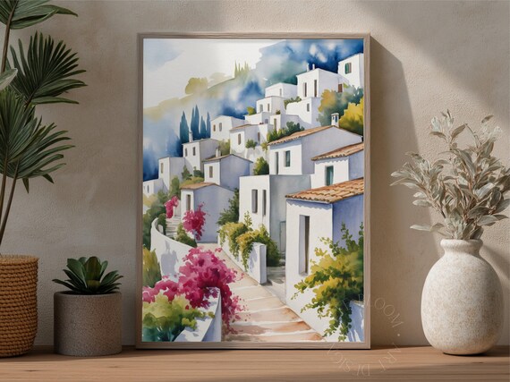 Greek Island Whitewashed Village Watercolor Bougainvillea Art Poster