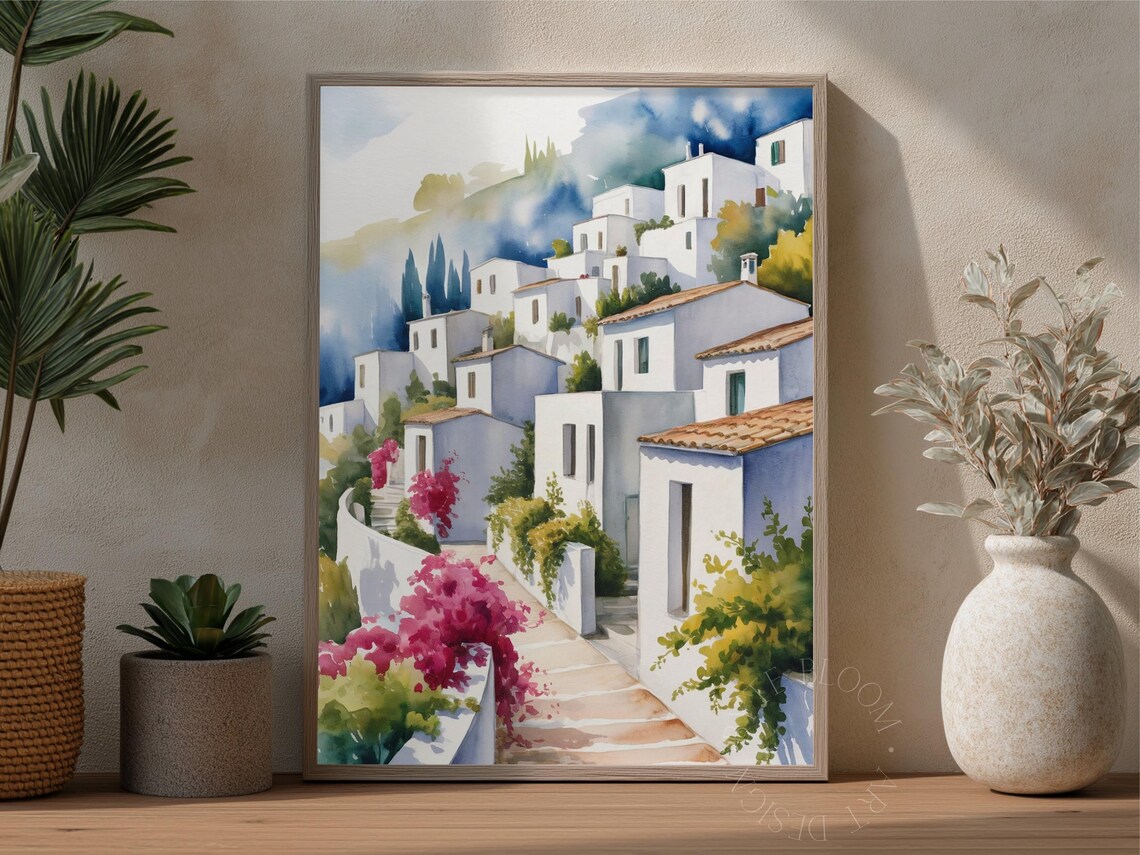 Greek Island Whitewashed Village Watercolor Bougainvillea Art Poster