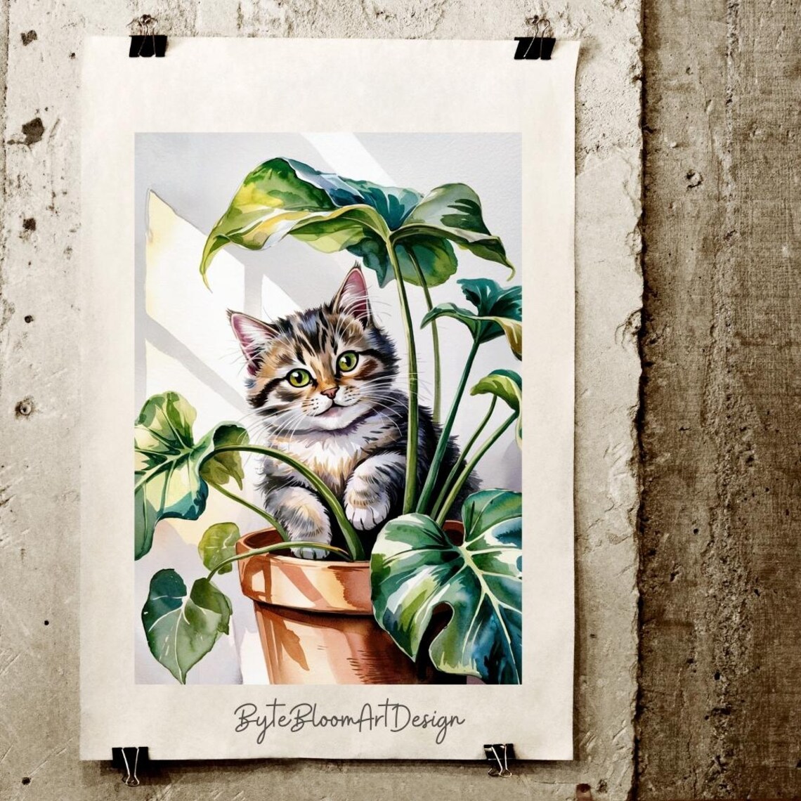 Kitten Botanical Art Print Tabby Cat In Terracotta Pot