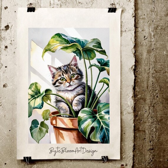 Kitten Botanical Art Print Tabby Cat In Terracotta Pot