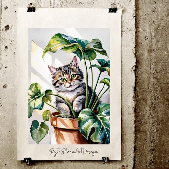 Tabby Kitten In Terracotta Pot With Green Leaves Watercolor Poster