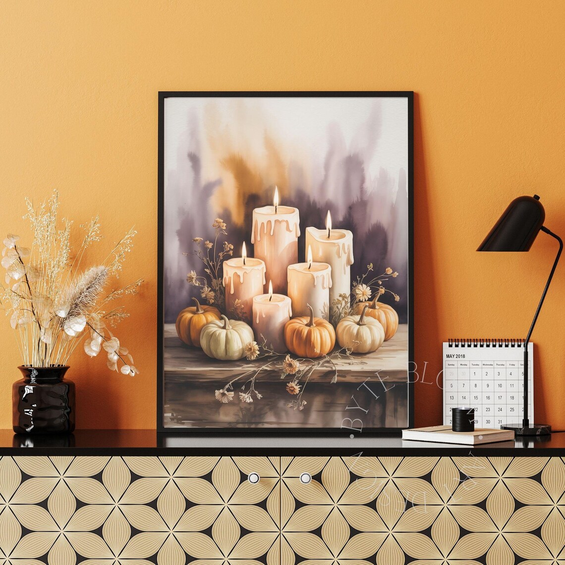 Cozy Autumn Pumpkin Candle Wall Art Rustic Farmhouse Fall Decor