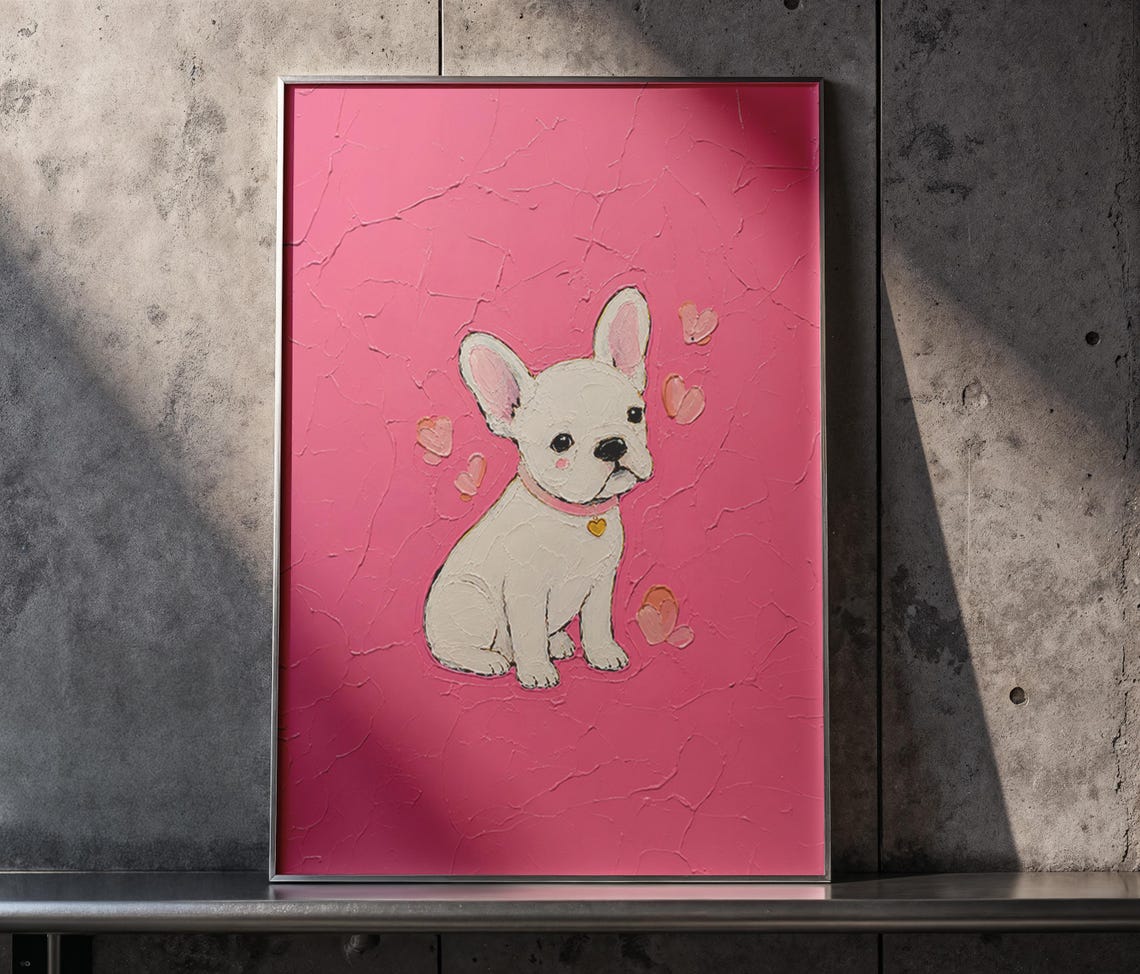 French Bulldog Pink Textured Impasto Playful Puppy Art Print
