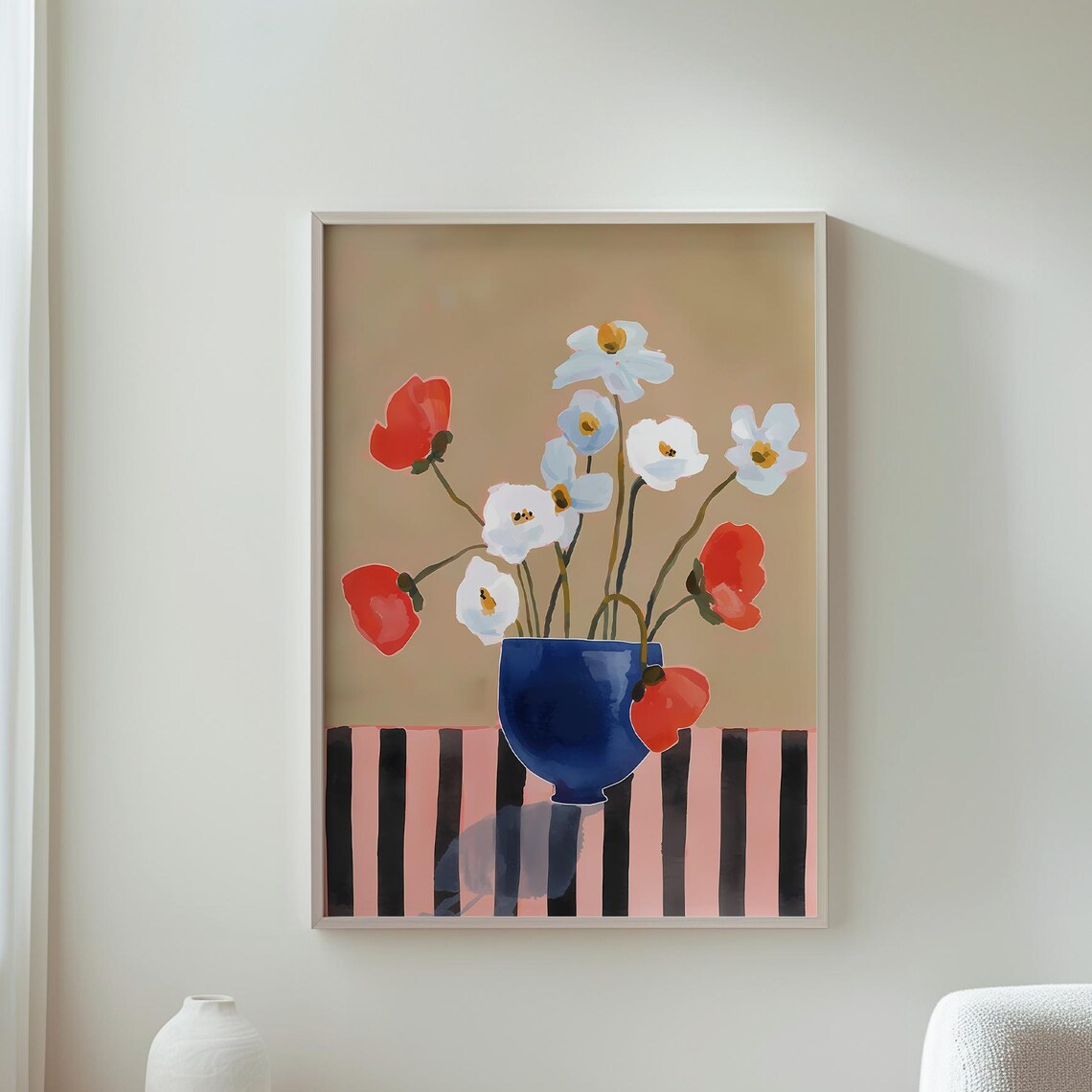Red White Poppies Cobalt Blue Vase Striped Floral Still Life Wall Art