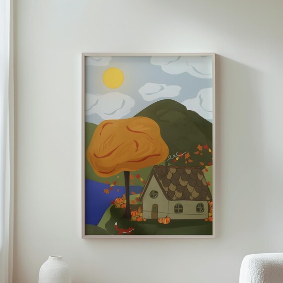 Cozy Cottage Under Golden Autumn Tree Pumpkins Fox Art Poster