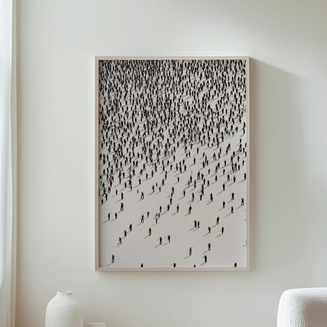 Minimalist Crowd Figures Merging Into Woman Profile Modern Art Poster