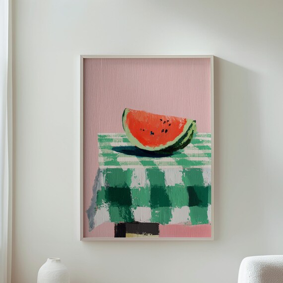 Watermelon Slice Gingham Table Pink Background Summer Fruit Poster