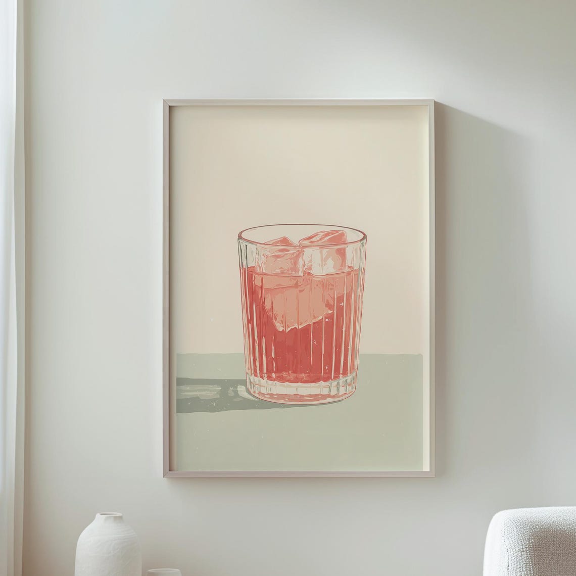 Minimalist Pink Cocktail Glass With Ice Modern Kitchen Bar Wall Art