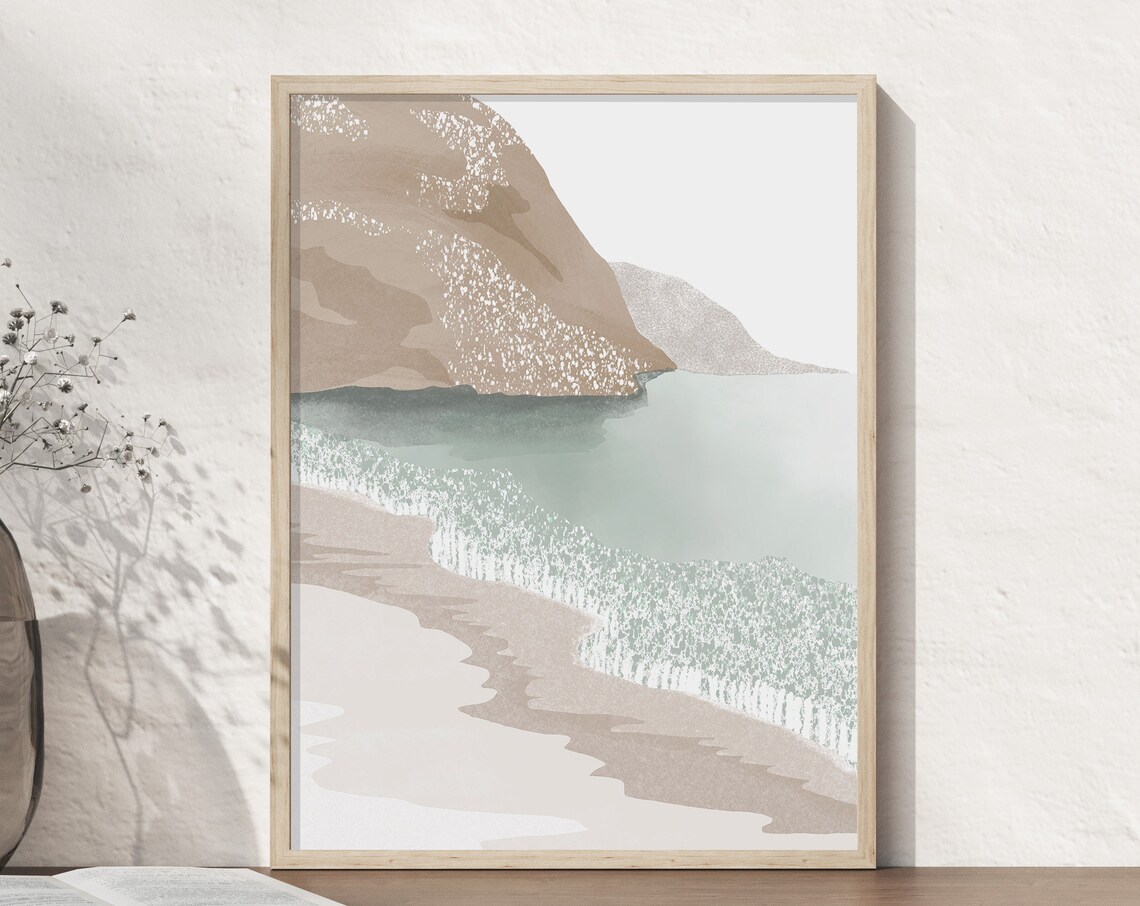 Abstract Beach with Cliffs and Sage Water Coastal Landscape Art Poster