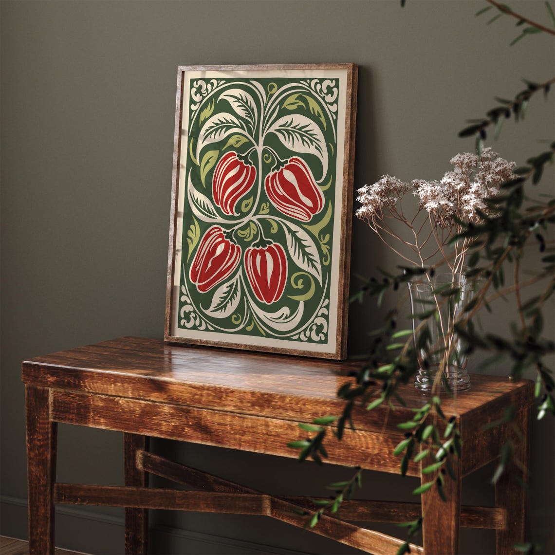 Red Bell Peppers Rococo Green Kitchen Botanical Vintage Art Poster - Image 4
