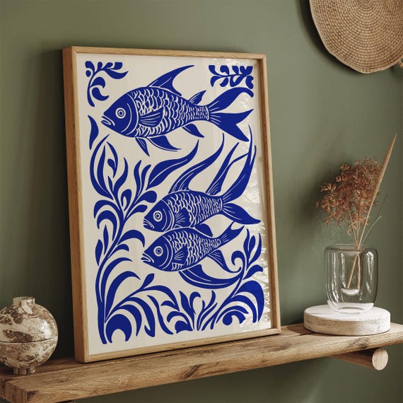 Blue Fish Wall Art Japanese Koi Wall Art Minimalist Ocean Poster Nature Fish Art Print Coastal Wall Art Kitchen Wall Art Bathroom Art