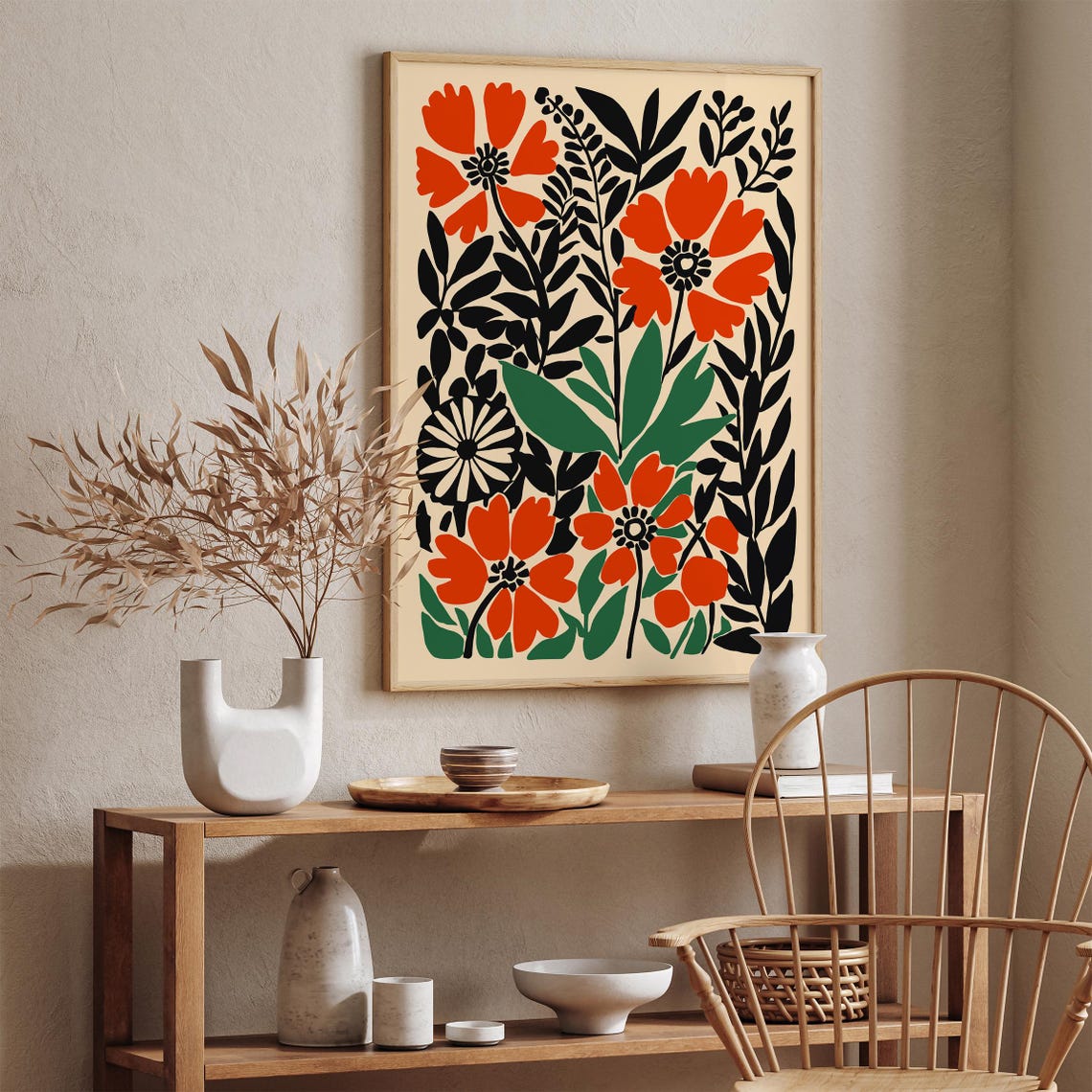 Retro Orange Poppy Floral Design with Bold Black Leaves Poster - Image 2