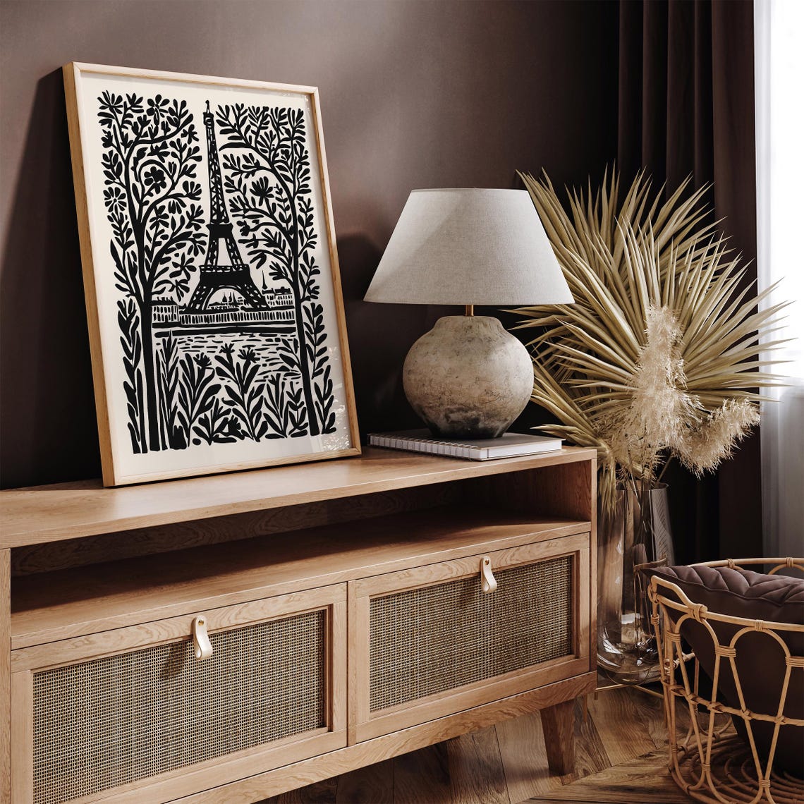 Black and White Eiffel Tower Between Trees Folk Linocut Poster - Image 4