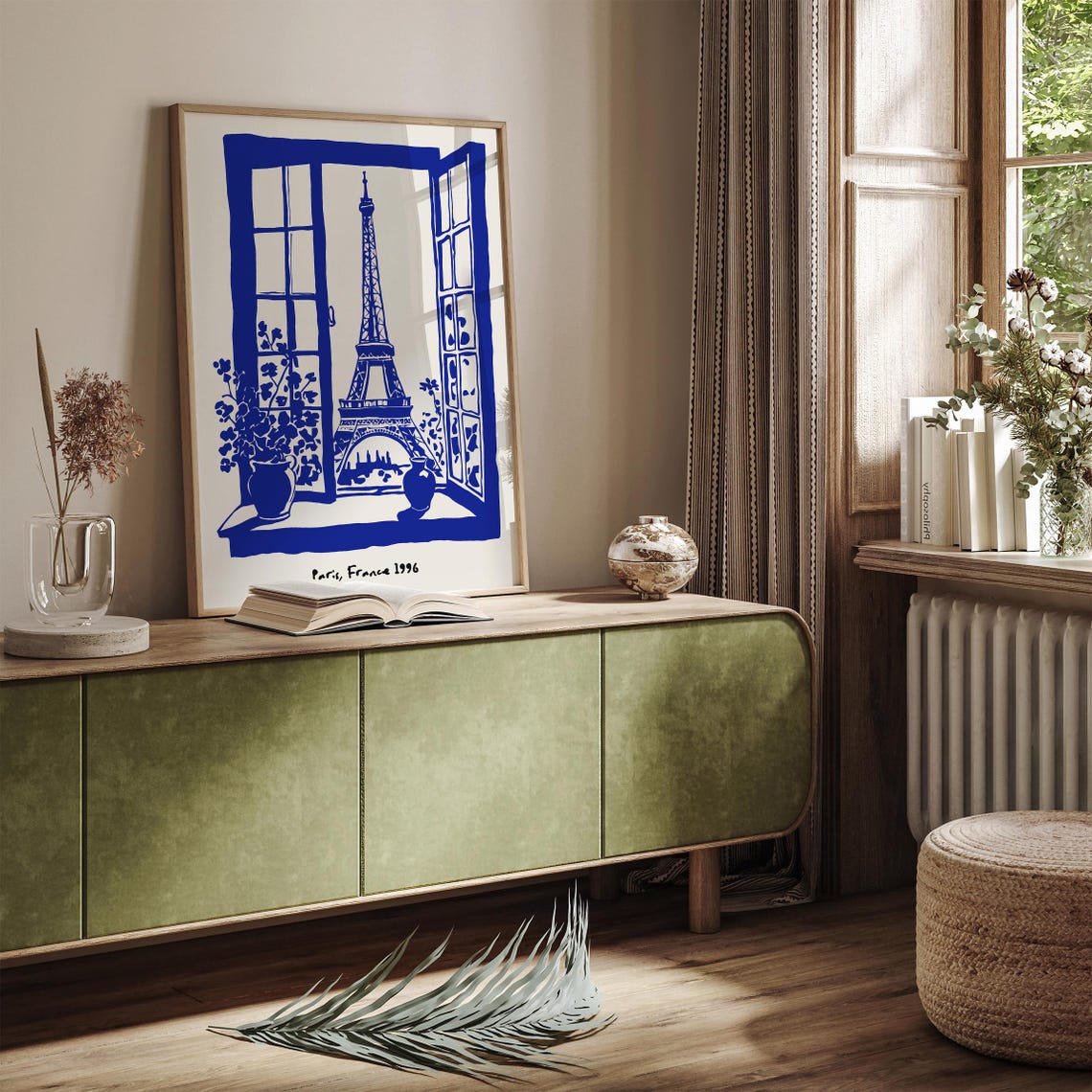 Paris France 1996 Blue Ink Eiffel Tower French Window View Poster - Image 3