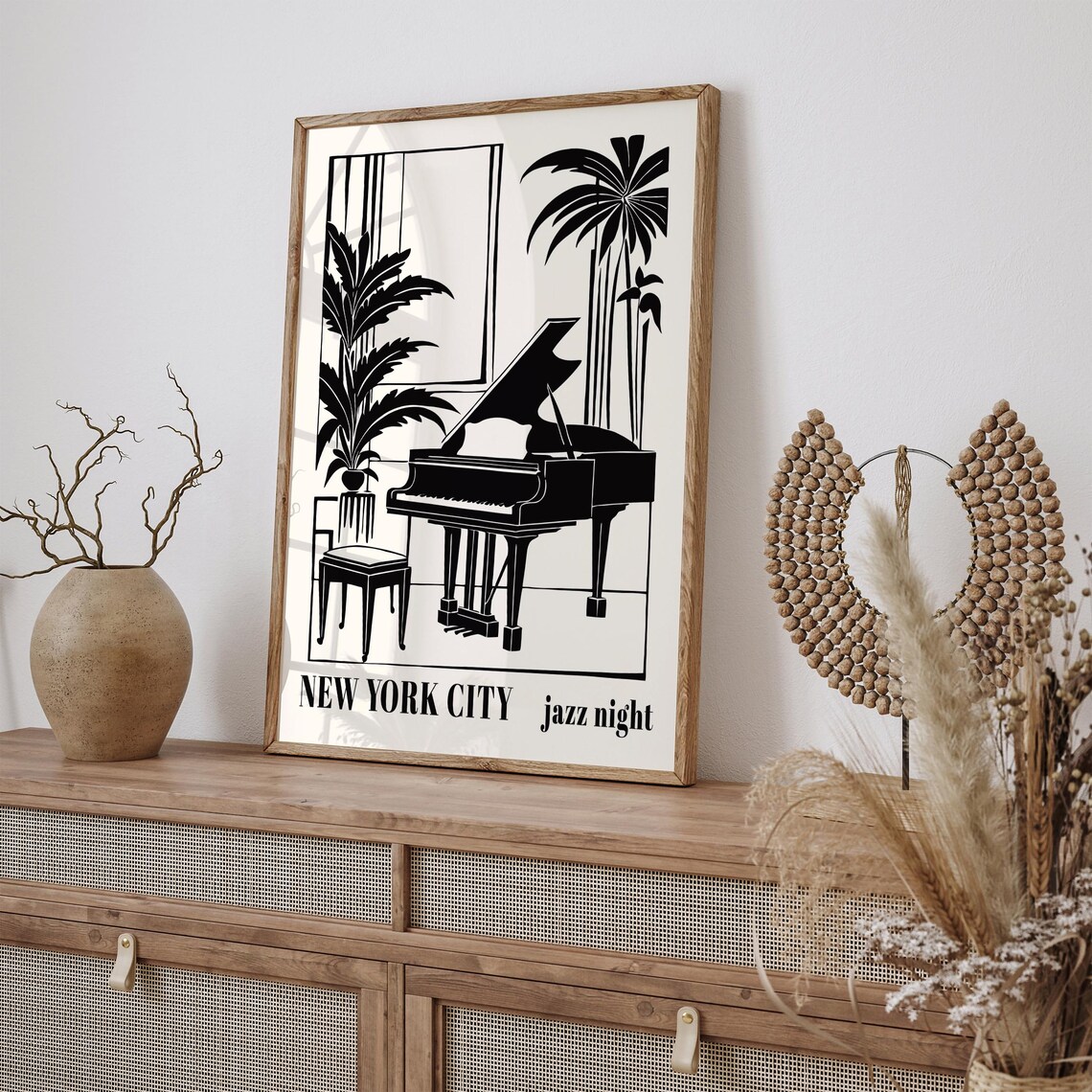 New York City Jazz Night Grand Piano Palm Window Scene Poster - Image 2