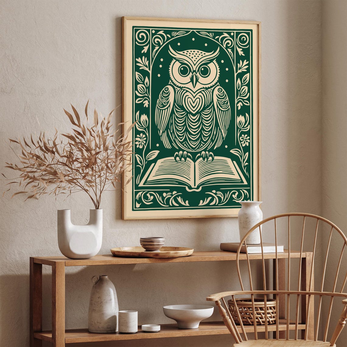Green Linocut Owl Reading Book Whimsical Library Decor Poster - Image 4