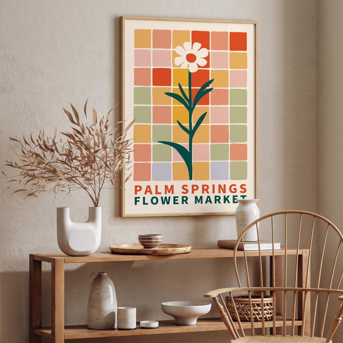 Palm Springs Flower Market Pastel Checkerboard Daisy Retro Poster - Image 2