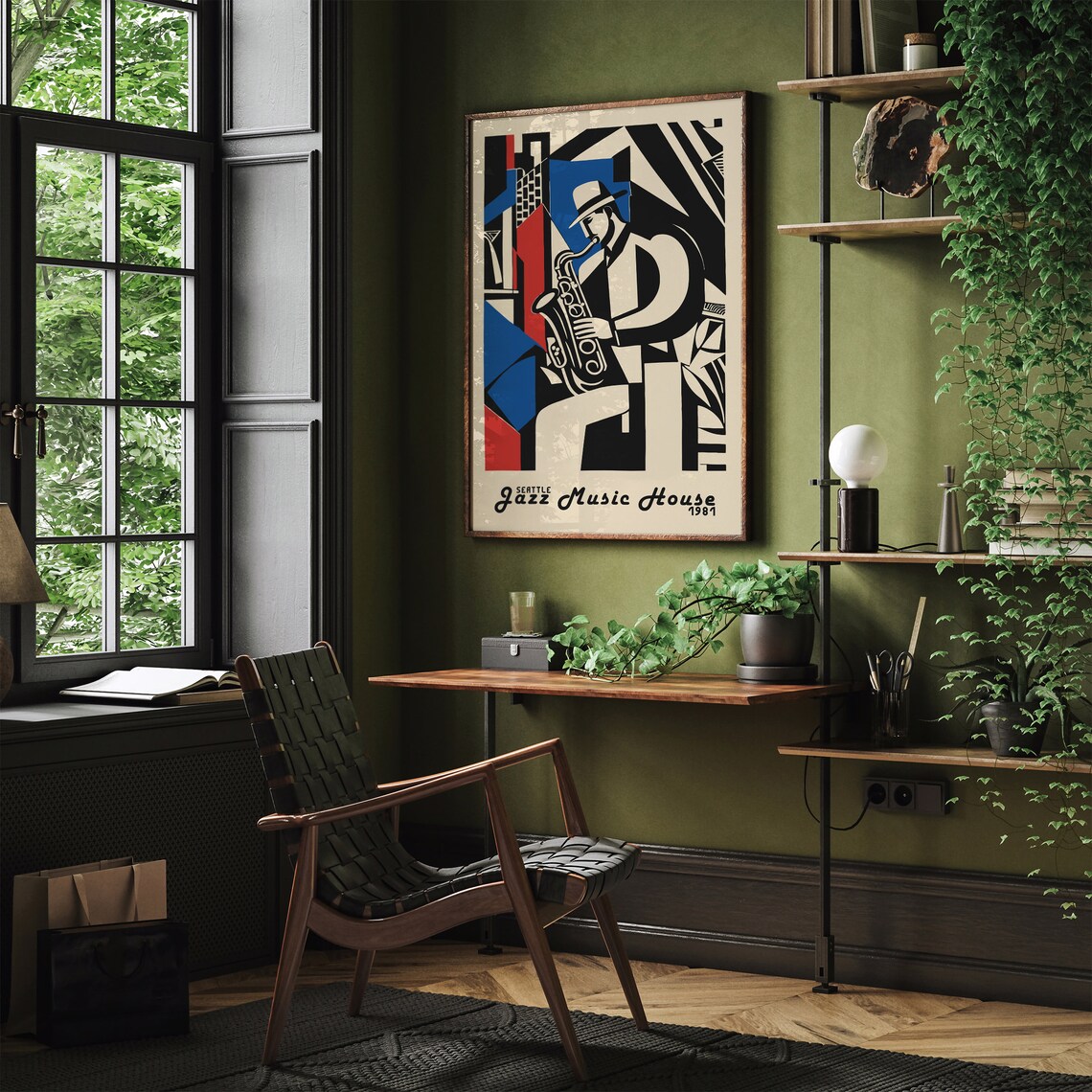 Seattle Jazz Music House 1987 Saxophone Player Art Deco Poster - Image 5