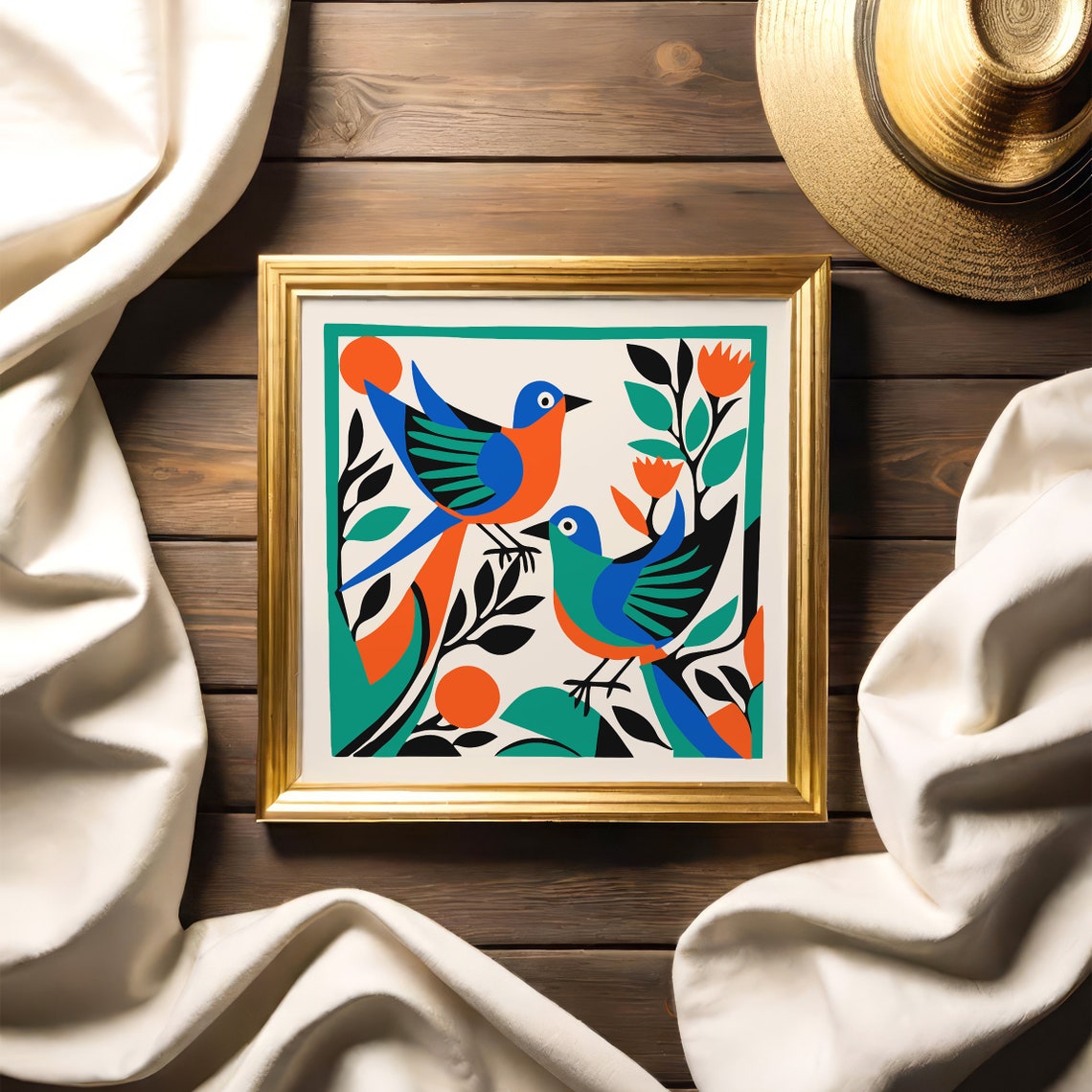 Colorful Retro Birds Square Folk Style Mid Century Modern Print - Image 3