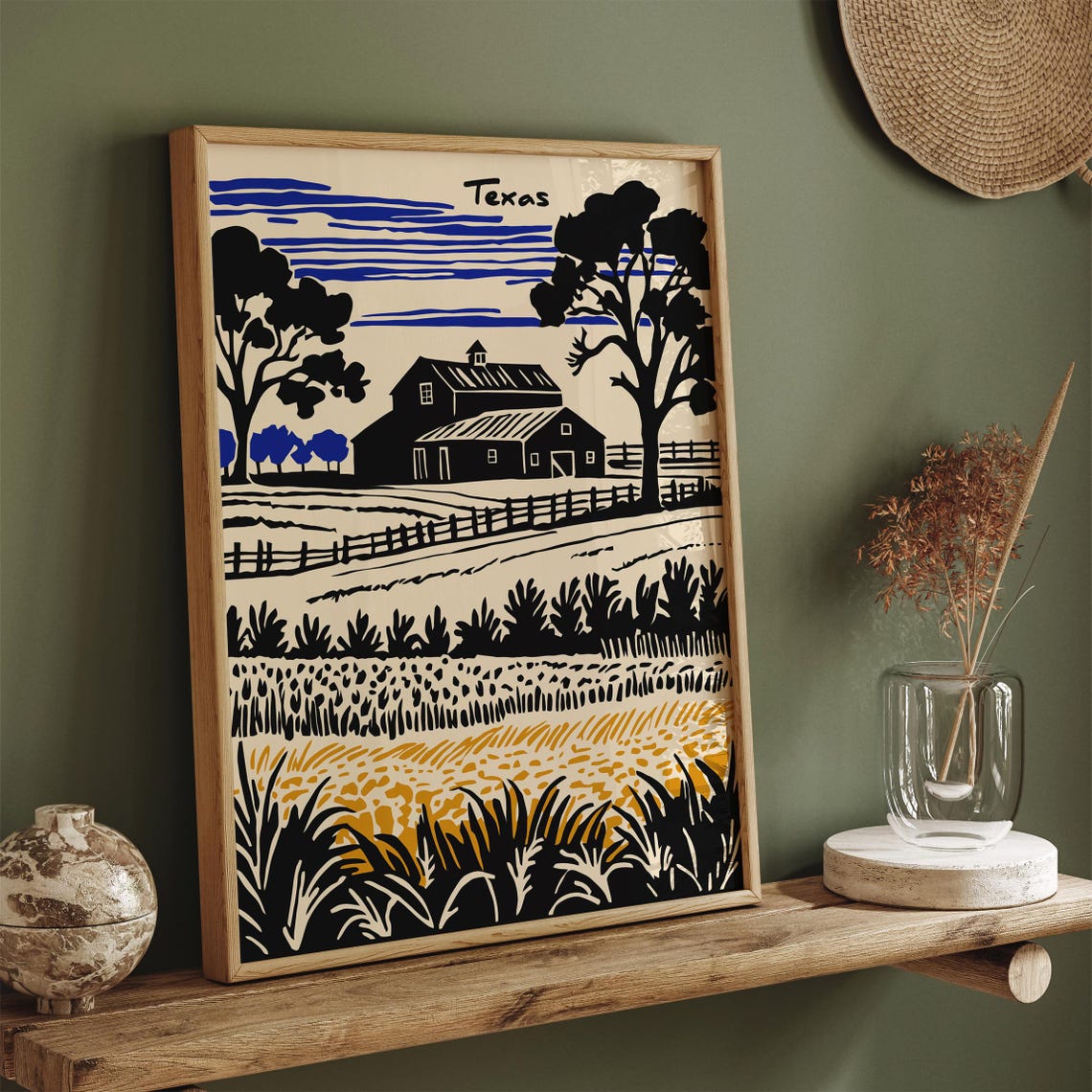 Texas Barn Black Ink Rural Landscape With Blue Fields Poster - Image 2