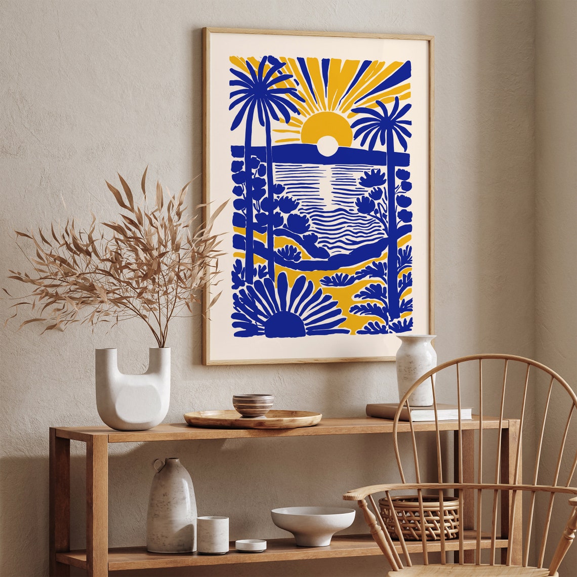 Sunrise Beach Paradise Blue Yellow Coastal Waves Palms Art Poster - Image 3
