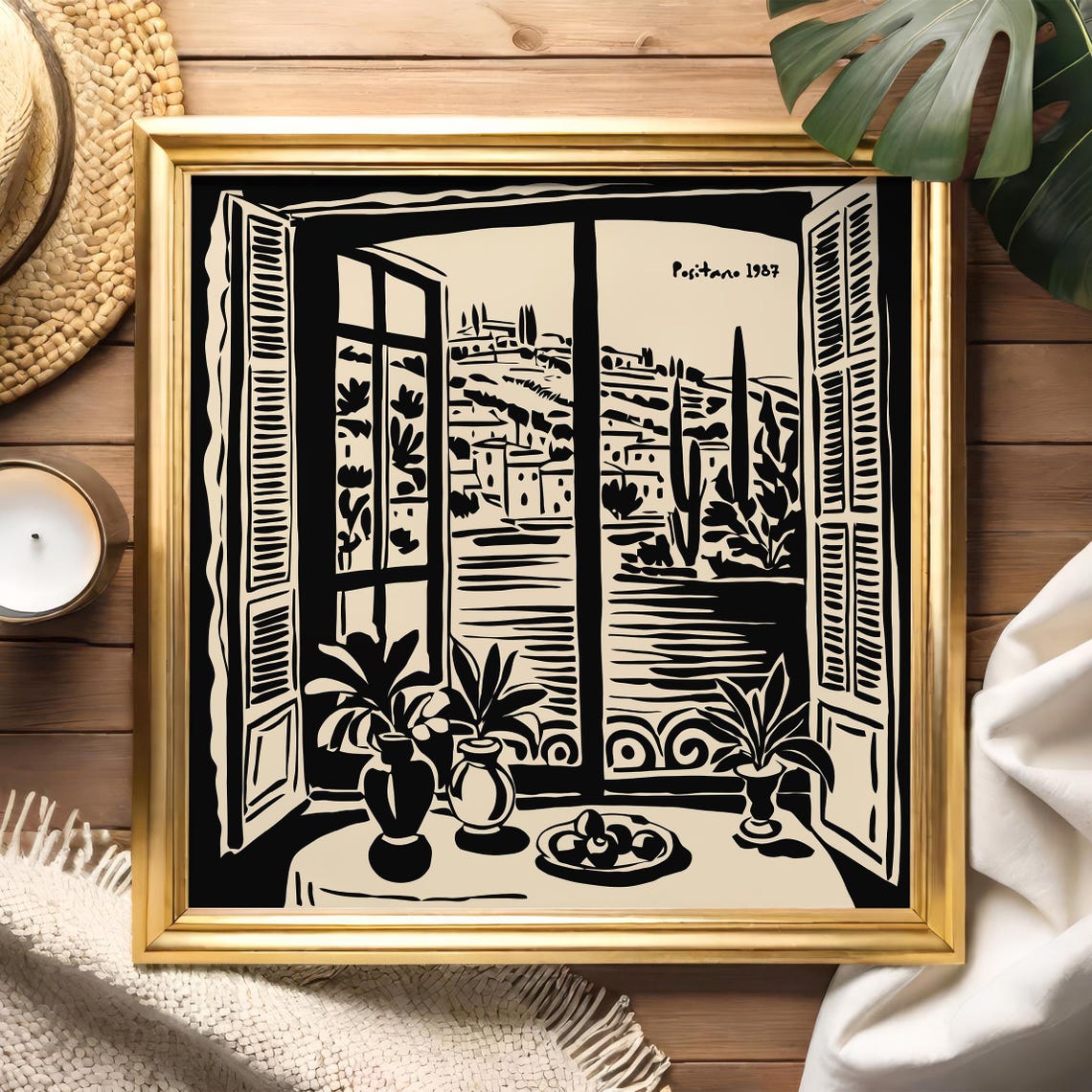 Positano 1987 Window Balcony View Black Ink Vintage Travel Poster - Image 6